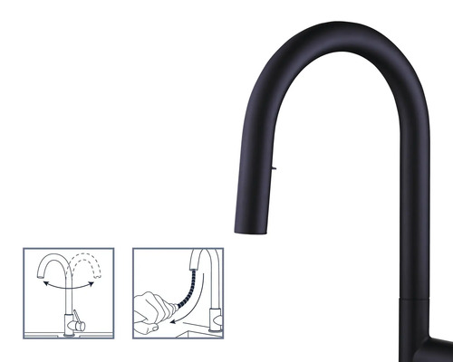 Černá kuchyňská baterie s vysokým výtokem a návodem k použití