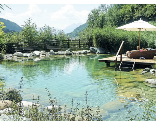 Přírodní koupací jezírko s dřevěným molem, lehátkem a slunečníkem v zahradě se stromy a keři