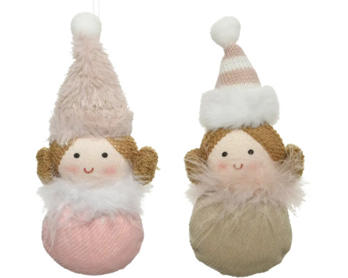 Plyšová ozdoba, různé druhy Dvě látkové panenky s čepicemi jako ozdoby na vánoční stromeček