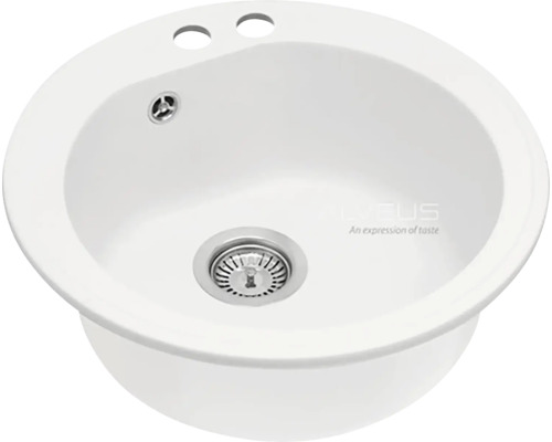 Kulatý keramický kuchyňský dřez se dvěma otvory pro kohoutky