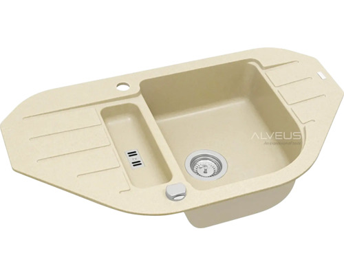 Rohová dřezová mísa s odkapávací plochou a dvěma umyvadly