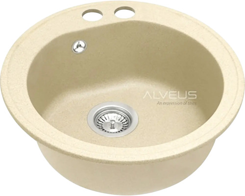 Kulatý kompozitní kuchyňský dřez s odtokovou armaturou a otvory pro kohoutky