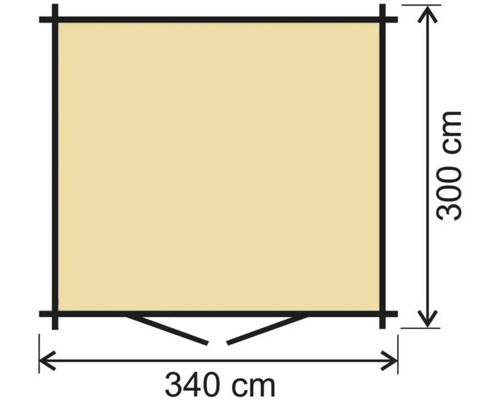 Obrázek zahradního domku o rozměrech 300 x 340 centimetrů.