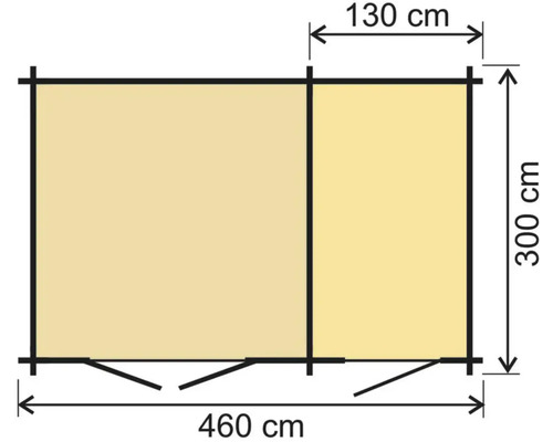 Půdorys zahradního domku o rozměrech 460 x 300 x 130 centimetrů