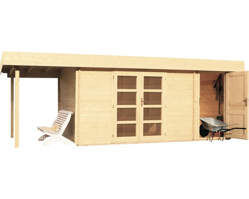 Dřevěný zahradní domek s terasou, dvoukřídlými dveřmi a otevřenými dveřmi s kolečkem