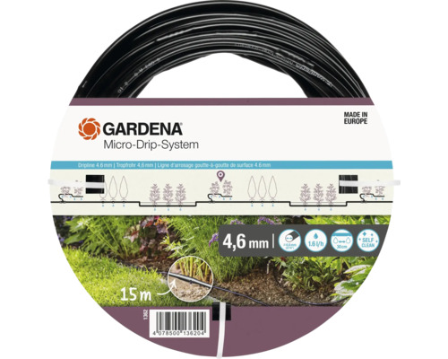 Kapací hadice nadzemní GARDENA Micro-Drip-System 4,6 mm (3/16“), 15 m, bez baterií Kapací hadice nadzemní GARDENA Micro-Drip-System 4,6 mm (3/16“), 15 m, bez baterií
