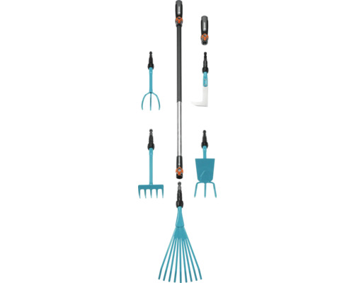 Čisticí a ošetřovací sada Gardena s teleskopickou násadou a různými nástavci pro zahradničení