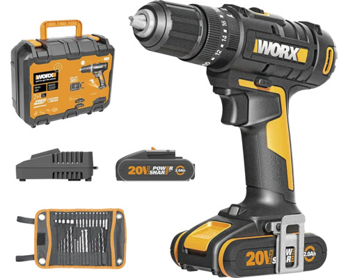 Aku vrtací šroubovák 20V WORX WX370 50Nm, včetně kufru, aku 2 x 2Ah a nabíječky Sada akumulátorového vrtacího šroubováku Worx s akumulátorem, nabíječkou, sadou vrtáků a kufříkem