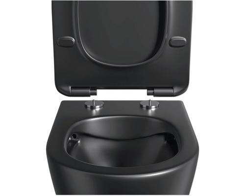 Černá závěsná toaleta s otevřeným splachovacím kruhem a WC sedátkem