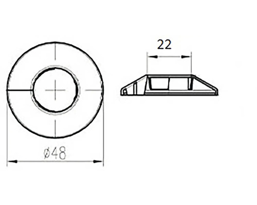 Technický nákres upevňovacího prvku o rozměrech 48 milimetrů v průměru a 22 milimetrů na šířku