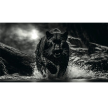 Černobílý snímek černého pantera běžícího vodou