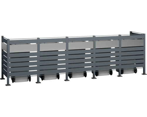 Šedý box na popelnice s lamelami a úložným prostorem pro více popelnic