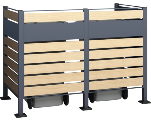 Dvojitý box na popelnice z kovu a dřeva s kolečky