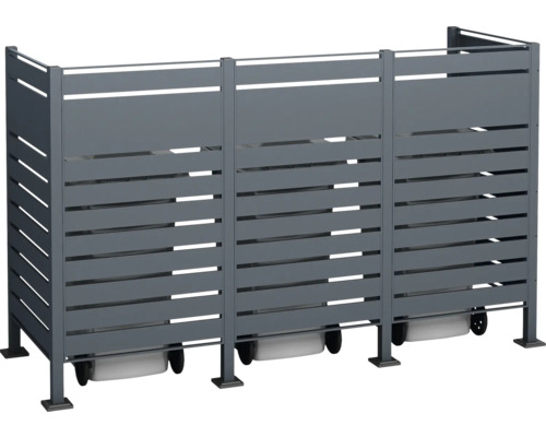 Kryt na popelnice pro tři popelnice z kovu s vodorovnými lamelami