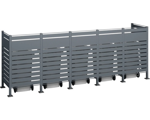 Šedý box na popelnice s lamelovým vzhledem a kolečky pro venkovní uskladnění popelnic