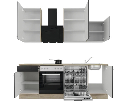 Kuchyňská linka s dřezem, myčkou, sporákem, digestoří a skříňkami