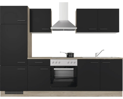 Kompletní kuchyňská linka se závěsnými skříňkami, digestoří, dřezem a sporákem