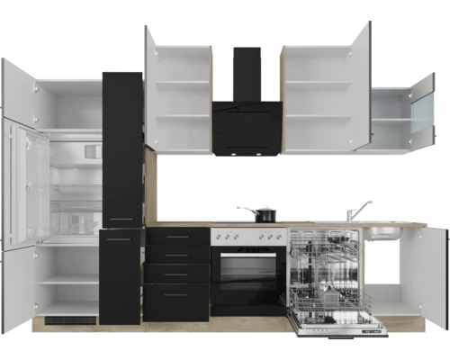 Kompletní kuchyně s elektrospotřebiči, včetně chladničky, myčky, sporáku, trouby a digestoře.