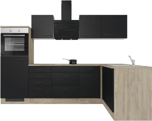 Kuchyňská linka se závěsnými skříňkami, digestoří, dřezem a vestavnou troubou