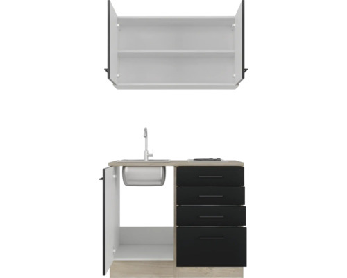 Kompaktní kuchyňská linka s dřezem, vodovodní baterií, zásuvkami a závěsnou skříňkou pro malé prostory