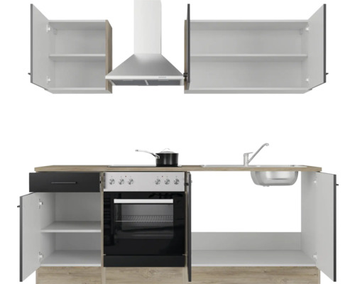 Kuchyňská linka se závěsnými skříňkami, digestoří, dřezem, sporákem a troubou