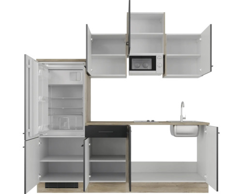 Kompletní kuchyňská linka s chladničkou, dřezem, baterií, mikrovlnnou troubou a úložným prostorem