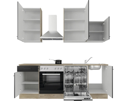 Kuchyňská linka s dřezem, myčkou, sporákem, digestoří a skříňkami