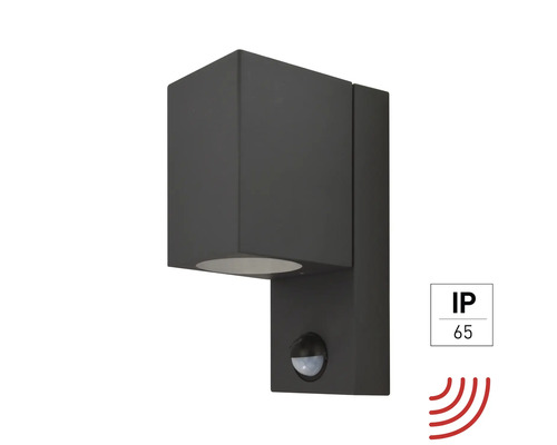 Venkovní nástěnné svítidlo E2 Aster IP65 GU10 15 W antracit se senzorem pohybu Černé venkovní nástěnné svítidlo s pohybovým senzorem a stupněm krytí IP65
