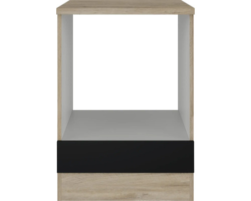 Otevřený modul kuchyňské skříňky s dřevěným dekorem a černým pruhem