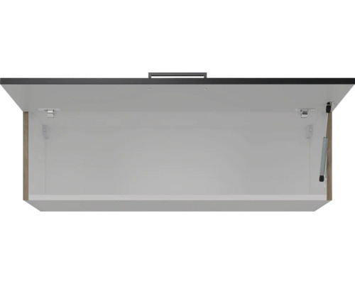 Otevřená závěsná skříňka s vnitřkem a kováním.