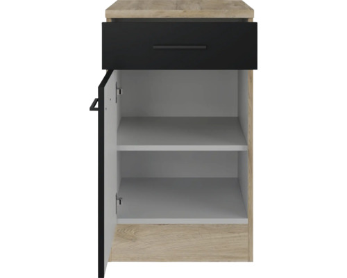 Spodní skříňka se zásuvkou a otevřenými dvířky, vnitřní prostor s policemi