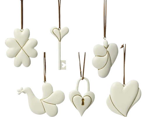 Ozdoba polyresinová bílá, různé druhy Ozdobné přívěsky v různých provedeních pro slavnostní příležitosti