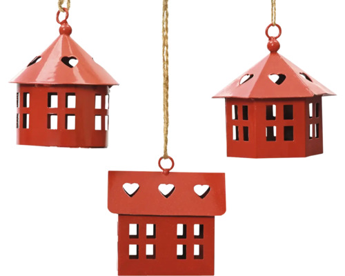 Závěsný domeček keramický červený, různé druhy Tři závěsné dekorativní lucerny ve tvaru domu se srdíčky.