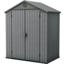 Šedý plastový zahradní domek s dvoukřídlými dveřmi a větrací mřížkou.