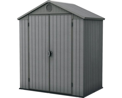 Šedý plastový zahradní domek s dvoukřídlými dveřmi a větrací mřížkou.