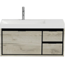 Umyvadlová skříňka s dřevěným dekorem, umyvadlo a vodovodní baterie