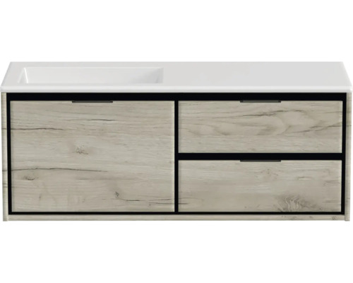 Skříňka pod umyvadlo se dvěma zásuvkami a jedněmi dvířky ve vzhledu dřeva