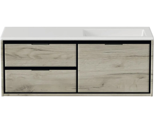 Skříňka pod umyvadlo se dvěma zásuvkami a jedněmi dvířky v dřevěném designu