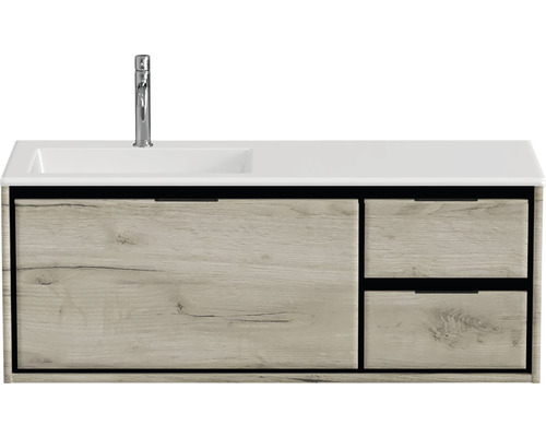 Souprava koupelnového nábytku Sanox Loft ŠxVxH 120,5 (85/35) x 47 x 45,5 cm barva čela craft oak 2dílná s umyvadlem z minerální litiny umyvadlo levé bílá Umyvadlová skříňka se dvěma zásuvkami a umyvadlem