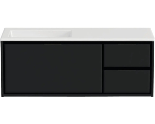 Souprava koupelnového nábytku Sanox Loft ŠxVxH 120,5 (85/35) x 47 x 45,5 cm barva čela matně černá 2dílná s umyvadlem z minerální litiny umyvadlo levé bez otvoru na kohout Skříňka pod umyvadlo s jednou zásuvkou a dvěma přihrádkami