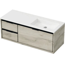 Skříňka pod umyvadlo s umyvadlem a dvěma zásuvkami ve vzhledu dřeva