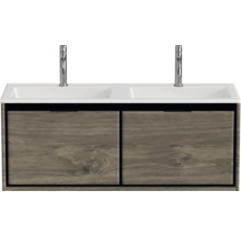 Umyvadlová skříňka se dvěma umyvadly a spodní skříňkou s vzhledem dřeva