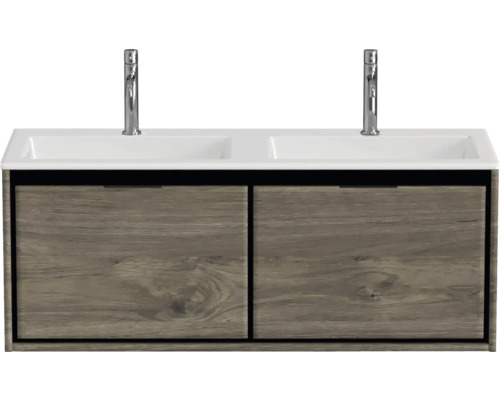 Umyvadlová skříňka se dvěma umyvadly a spodní skříňkou s vzhledem dřeva