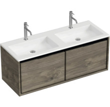 Skříňka pod umyvadlo se dvěma umyvadly a dřevěnými čely