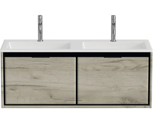 Dvojité umyvadlo se dvěma umyvadly a skříňkou se dvěma zásuvkami