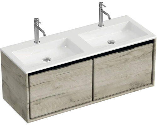 Umyvadlová skříňka se dvěma umyvadly a spodní skříňkou se dvěma zásuvkami