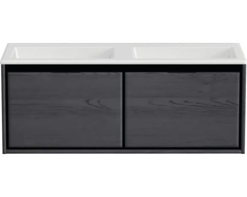 Souprava koupelnového nábytku Sanox Loft ŠxVxH 120,5 (60/60)) x 47 x 45,5 cm barva čela black oak 2dílná s dvojitým umyvadlem z minerální litiny bez otvoru na kohout Skříňka pod umyvadlo se dvěma umyvadly a dvěma dvířky
