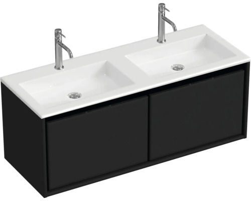 Skříňka pod umyvadlo s dvojitým umyvadlem a dvěma bateriemi