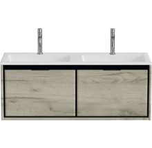 Umyvadlová skříňka se dvěma umyvadly a spodní skříňkou s dřevěným vzhledem