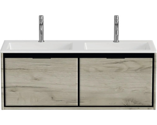 Umyvadlová skříňka se dvěma umyvadly a spodní skříňkou s dřevěným vzhledem